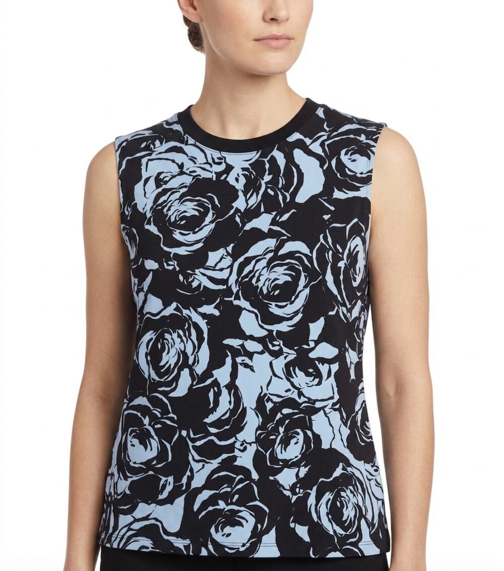 CHICO'S Black Label Floral Sleeveless Top Crew Neck Slim Fit Navy Blue Womens L